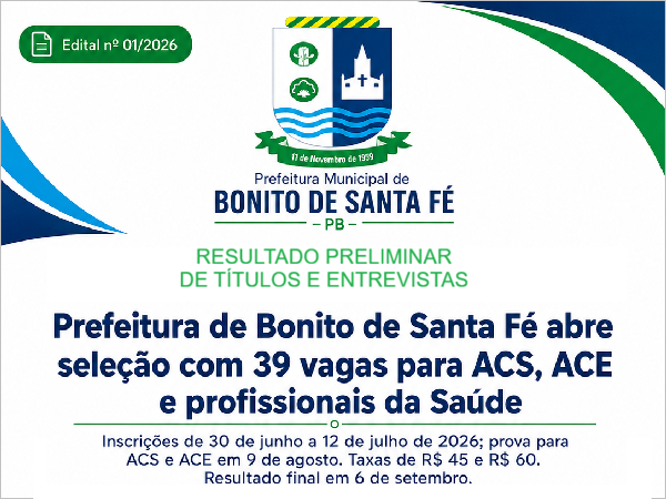Resultado Preliminar de Títulos e Entrevistas do Processo Seletivo nº 001/2026 - Secretaria de Saúde